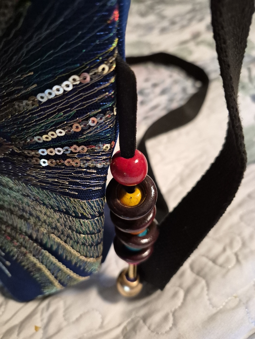 "Ella And Elly" Dark Blue Peacock Sequined Embroidered Tote Shoulder Bag - Picture 8 of 12